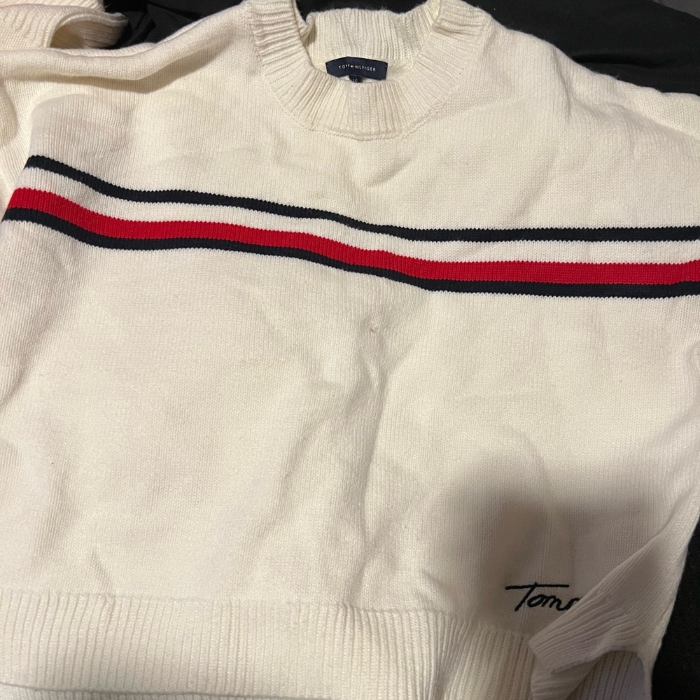 Tommy Hilfiger womens White Sweater with Red and Black Stripes